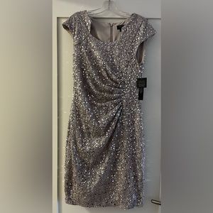 Tahari ASL Women’s Petite Size Ruched Neck Sequin Sheath Dress